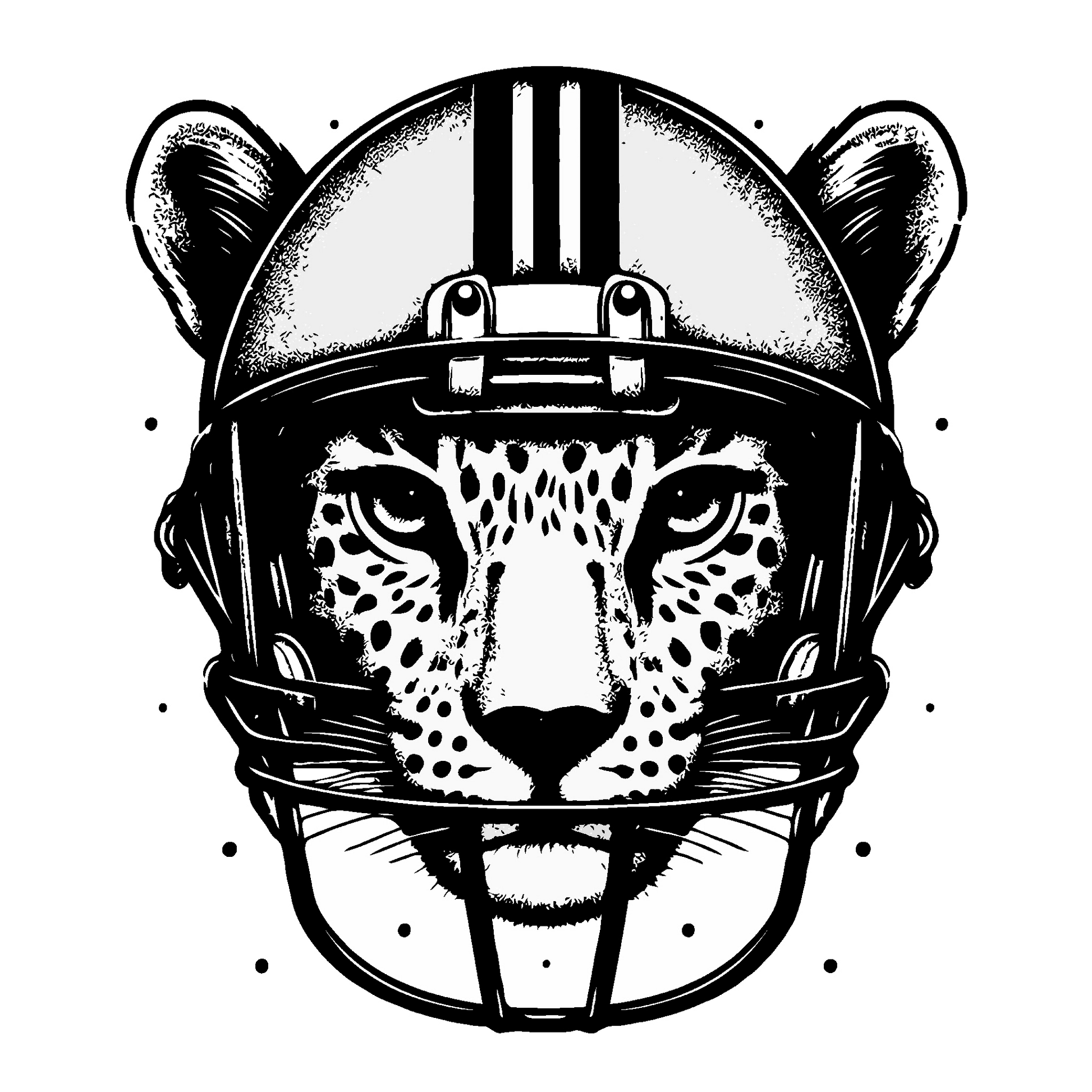 A black and white illustration of a leopard's head wearing an American football helmet. The leopard's face is detailed with clear spots and sharp, direct eyes. The helmet features three vertical black stripes and a full face mask, creating a powerful and wild image, ideal for sports-themed or strength-symbolizing tattoos.