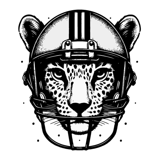 A black and white illustration of a leopard's head wearing an American football helmet. The leopard's face is detailed with clear spots and sharp, direct eyes. The helmet features three vertical black stripes and a full face mask, creating a powerful and wild image, ideal for sports-themed or strength-symbolizing tattoos.