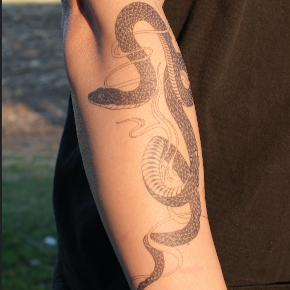 SteezyInk Coiled Snake Tattoo: Black ink, detailed design on arm. Express your style with temporary body art.